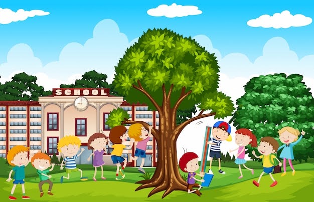 Kids are having the time of their lives in a green environment.
